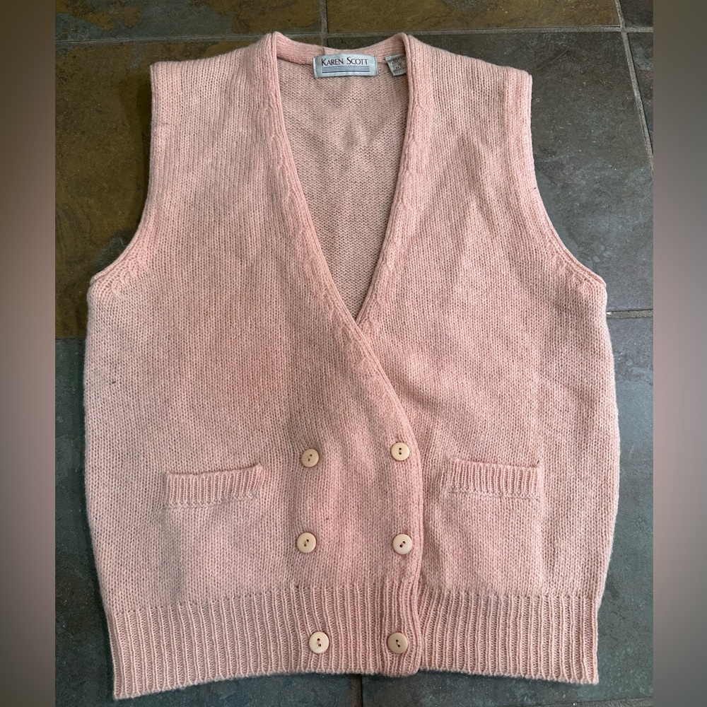 Vtg Karen Scott Vest 100% Shetland Wool S Pink Pockets Button Double Breasted